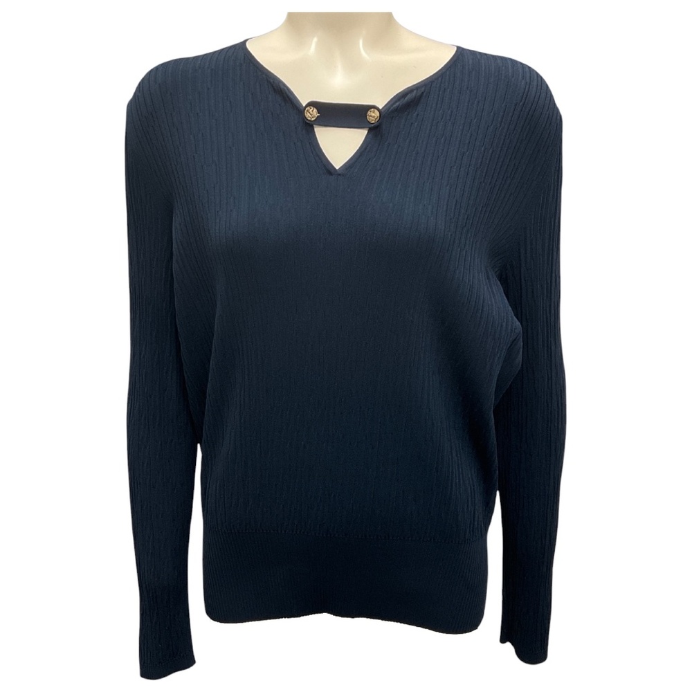 CHANEL NAVY BLUE BUTTON DETAIL LONG SLEEVED RIBBED KNIT TOP